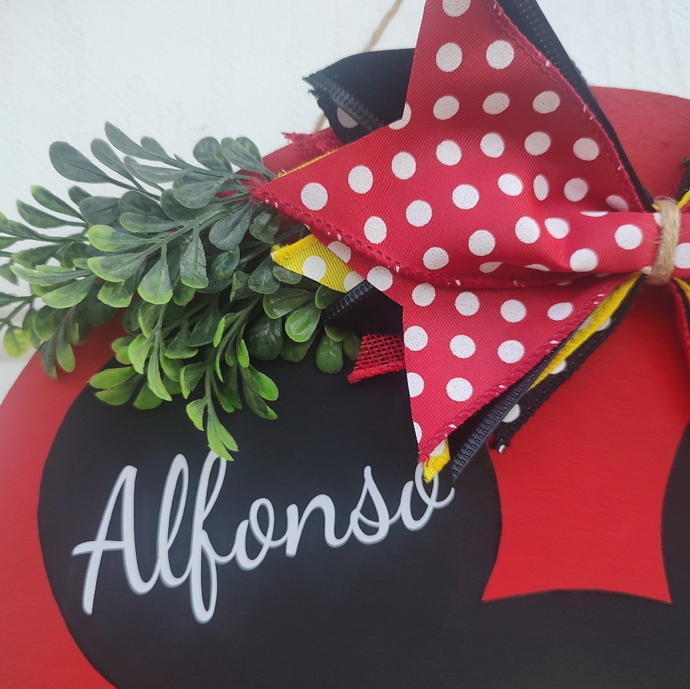 14in Personalized Mickey Mouse Wooden Farmhouse Door Hanger Sign with Greenery - Picture 3 of 6